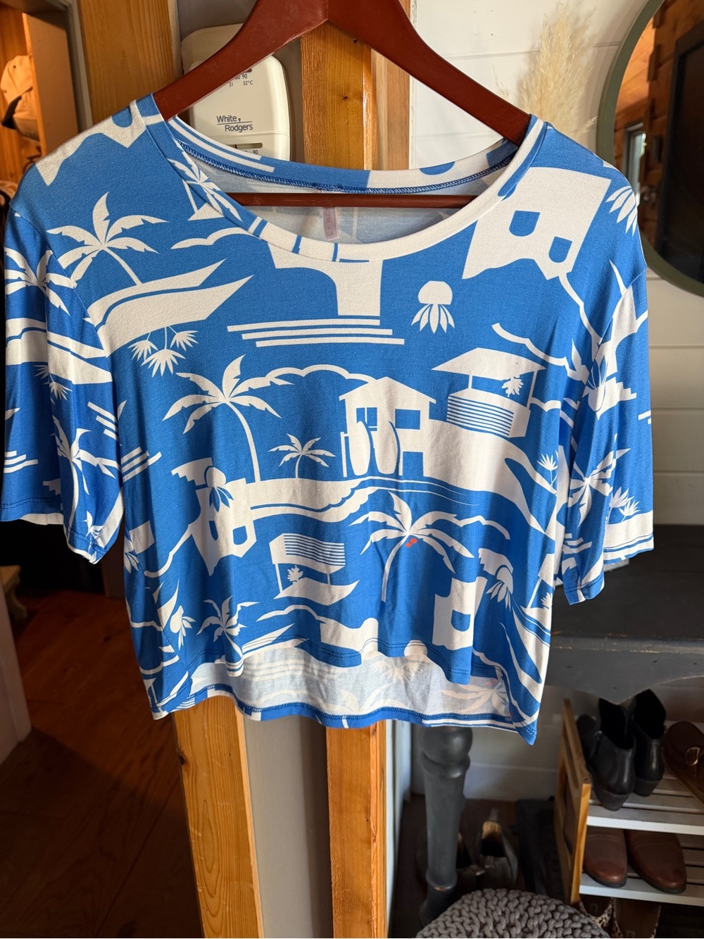 Blue & White Tropical Print Crop Top